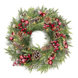 [ Timer ] 20 Inch Artificial Christmas Wreath with 30 LEDs Warm White Lights Long Pine Needles Snowy Bristle Pine Cypress Leaves Pinecones Red Berries Xmas Balls Wreath Decor for Front Door Window