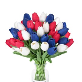 AWARDSEN 20pcs Artificial Tulips Patriotic Flowers for 4th of July Decor Fake Tulip Independence Day Slik Tulips Memorial Day Table Centerpiece Decor(Red White and Blue Flowers)
