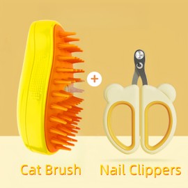 SVIEILLES Cat brush Grooming Kit 3 In 1 Self Cleaning Cat Steamer Brush -Cat Nail Clipper- Removes Tangled Hair and Massages (Yellow cat brush+cat nail clippers)