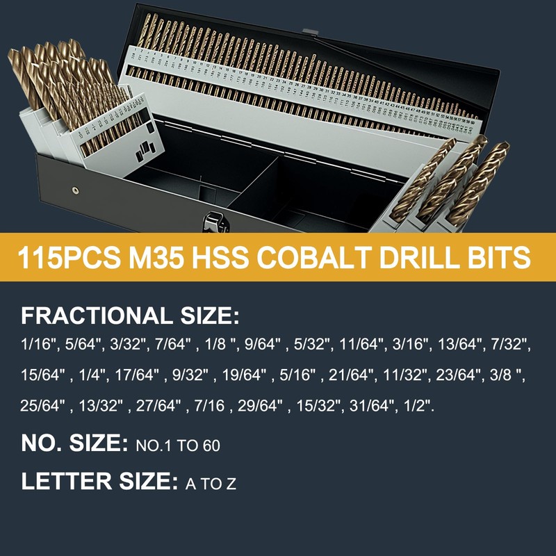 BeHappy 115Pcs Cobalt Drill Bits Set, High Speed Steel, 135