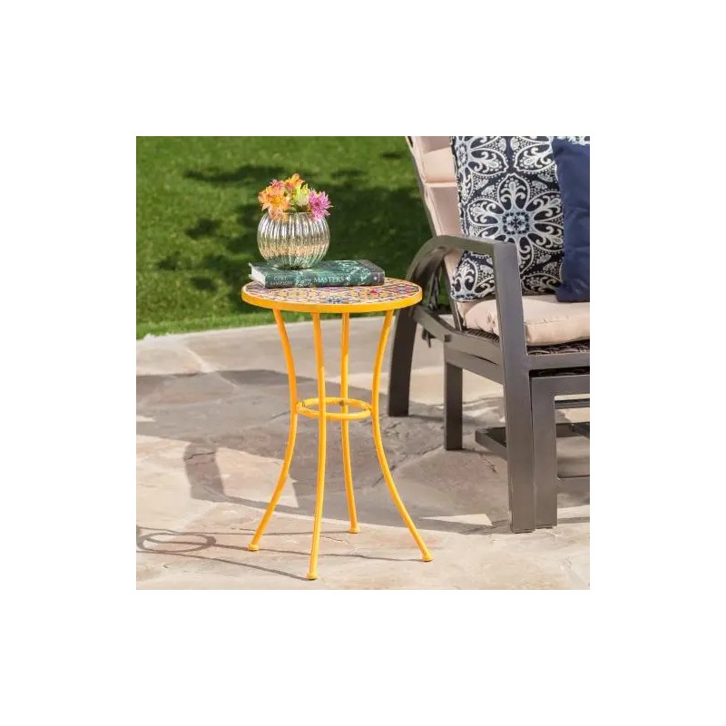 Yellow Outdoor Side Table with Colorful Tile Mosaic Top and
