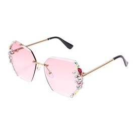willochra 2pack Square Crystal Sunglasses Women Shades Rimless Rhinestone Sun Glasses Female Handmade diamonds Gradual Trend Party Eyewear (2pack-blue&pink)