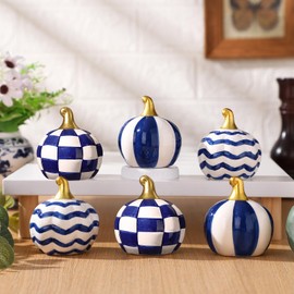DoubleFill 6 Pcs Grid Blue Ceramic Chinoiserie Pumpkins Fall Farmhouse Table Centerpiece Porcelain Pumpkin Tiered Tray and Mantel Ornaments for Indoor Thanksgiving Autumn Decor