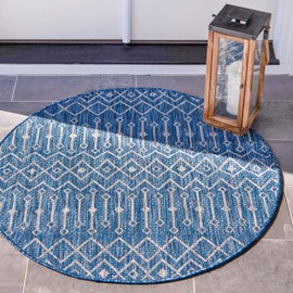 Unique Loom Outdoor Trellis Collection Tribal Geometric Transitional Indoor and Outdoor Flatweave Blue/Ivory Round Rug (7' 0 x 7' 0)