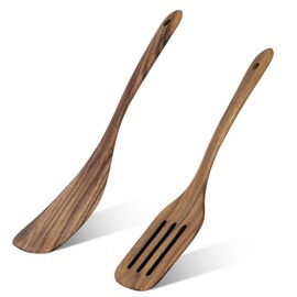 2pcs Wooden Spatula for Cooking, Solid & Slotted Wood Spatula Set with Long Handle Wooden Cooking Utensils for Kitchen Tools & Gadgets Frying Baking Mixing Serving