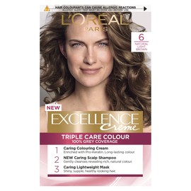 L'Oréal Paris Excellence Crème Permanent Hair Dye, Radiant At-Home Hair Colour with up to 100% Grey Coverage, Pro-Keratin, Up to 8 Weeks of Colour, Colour: 6 Natural Light Brown