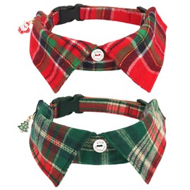 ADOGGYGO Christmas Dog Collar with Bow Tie, Adjustable Xmas Pet Shirt Collars, Red Green Plaid Puppy Christmas Collars for Small Medium Large Dogs (Small)