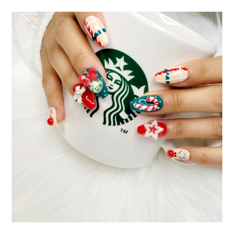 Christmas Santa handmade nail tips - ballerina / 크리스마스 산타