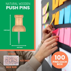 Wood Push Pins for Bulletin Board 100 Pcs– Wooden Decorative Push Pin- Thumb Tacks for Cork Boards, Map Marking, Notes, Memo, Wall Photos, Home & Office Organization, and Craft Projects with Clear Box