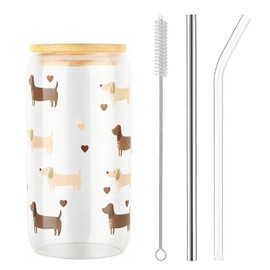 Dackel Geschenke – 500 ml Dachshund Glass with Lid and Straw, Humorous Dachshund Design, Ideal for Hot and Cold Drinks