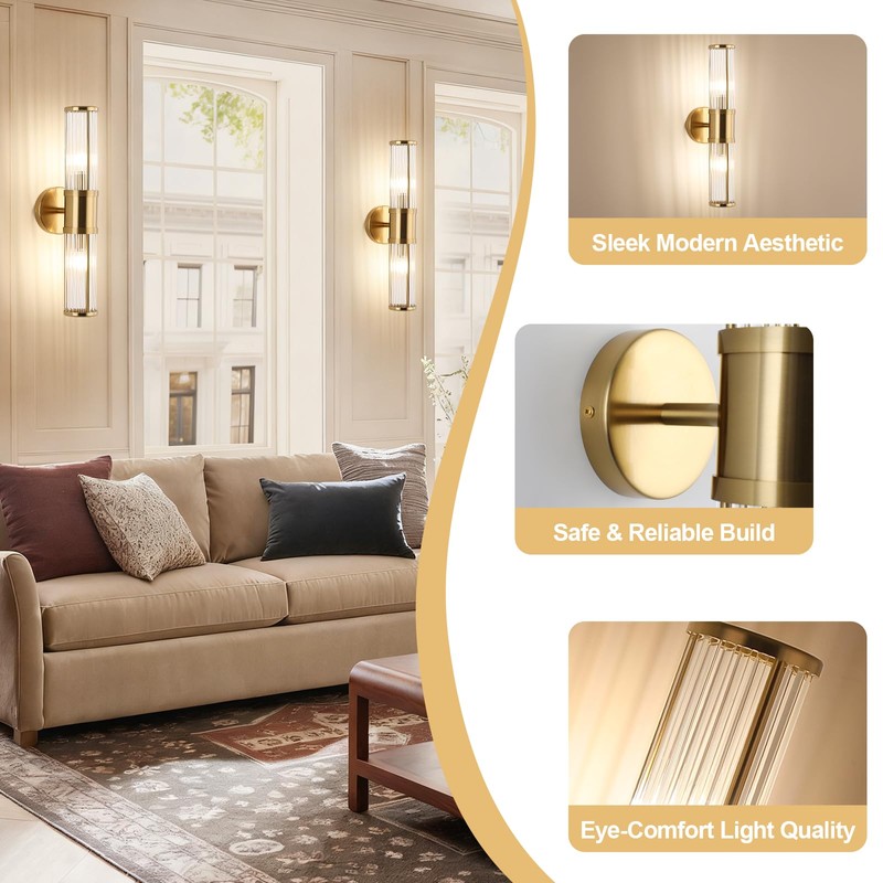 ECOBRT Modern Brushed Brass Vanity Light Fixture - Dual Glass