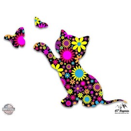 GT Graphics Floral Kitty Catching Butterflies - Vinyl Sticker Waterproof Decal