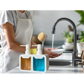 Esby Soap Dispenser Set, 4-in-1 Dish Soap Dispenser for Kitchen Sink, Space Saving Hand Soap Dispenser, Built-in Sponge and Brush Holder, Kitchen Organizer, Collapsible Funnel for Easy Refill (White)