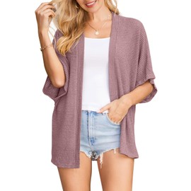 STYLEWORD Womens Trendy 2025 Summer Fashion Lightweight Cardigan Short Sleeve Loose Waffle Shrug Sweaters Kimono Beach Cover Up Belero Tops(Pink Purple-M)