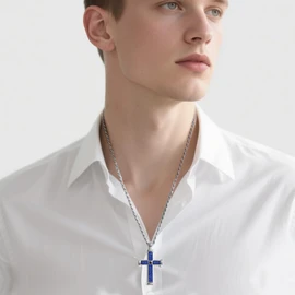 TGNEL Lapis Lazuli Cross Pendant Necklace for Men, Fashion Stainless Steel Mens Cross Necklace 24 Inches