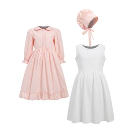 FORTMAC - Vestidos pioneros para niñas, disfraz de niña pionera colonial Laura Ingalls Wilder con delantal de capó, rosa, 11-12 años