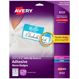 Avery® Adhesive Name Badges, Hello My Name Is, 2 1/3" x 3 3/8", 8722, Assorted Colors, Pack Of 120 Badges