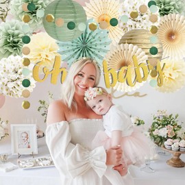 Salbeigrüne Baby Shower Deko Babyparty Dekoration Junge Oh Baby Banner Papier Pom Poms Blumen Papierfächer Laternen Grüne Gold Baby Shower Dekoration Boy or Girl Gender Reveal Geburtstag Party