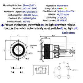 ZJWZJH (2Pcs) 22mm Momentary Push Button Switch UL Certification 24V DC/AC SPDT 5Amp Waterproof IP67 Stainless Steel with Wire Socket Plug 7/8" Mouting Hole (Blue, Momentary,24V)