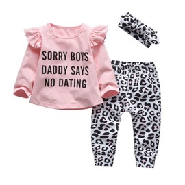 3Pcs Baby Girl Clothes Sorry Boys Daddy Says No Dating Long Sleeve Letter Tops Leopard Pants and Headband Outfit Set (3-6 Months)