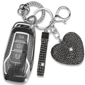Simocky Key Fob Cover with Heart Keychain, Girly Car Key Shell Case for Women, Compatible with Ford Fusion Mustang F150 Edge Explorer Lincoln MKZ MKC MKX Smart Remote Key Protector (5 Buttons-Black)