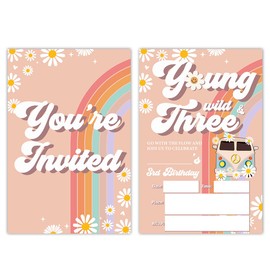 Qlnuk Boho Young Wild Three Third Birthday Party Invitations Groovy Retro 3rd Invites With Envelopes Set of 20
