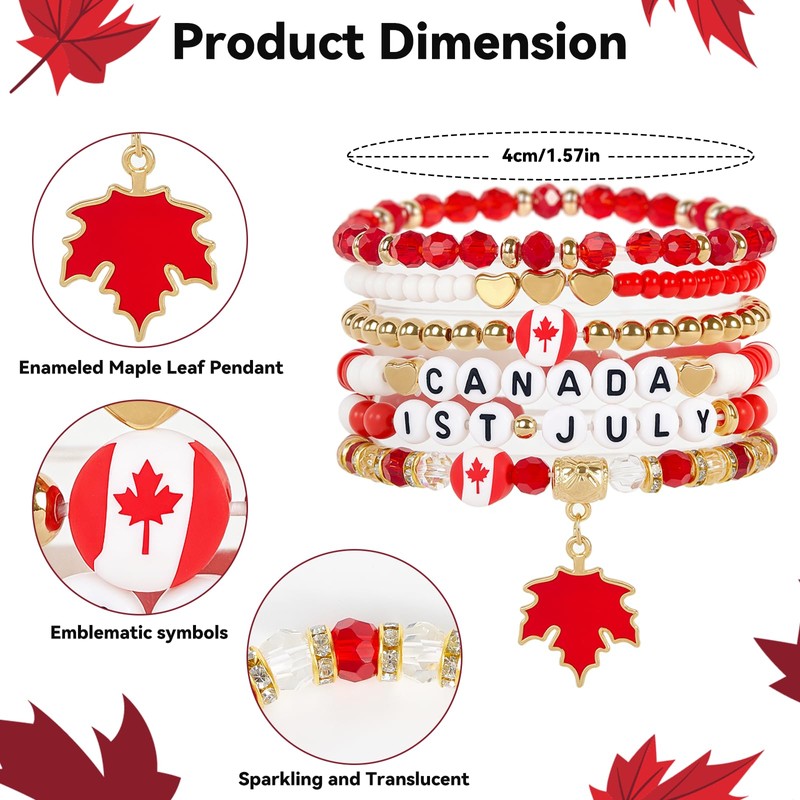 Canada Day Beaded Bracelet, 6 PCS Red & White Maple