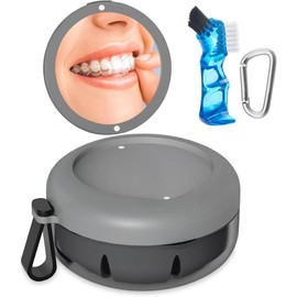 Denture Bath Case, Denture Cup, Leak Proof Portable Retainer Case, Denture Cleaning Kit with Cleaner Brush, Denture Box with Strainer & Mirror, Denture Case for Aligner Retainer Mouth Guard springtok - Color: Gray