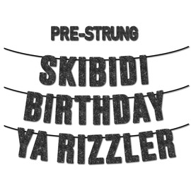 Pre-Strung Skibidi Birthday Ya Rizzler Black Glitter Banner, Funny Zoomer Gen Z Slang Birthday Party Supplies,Ideas, Gifts and Decoration（Rizzler）