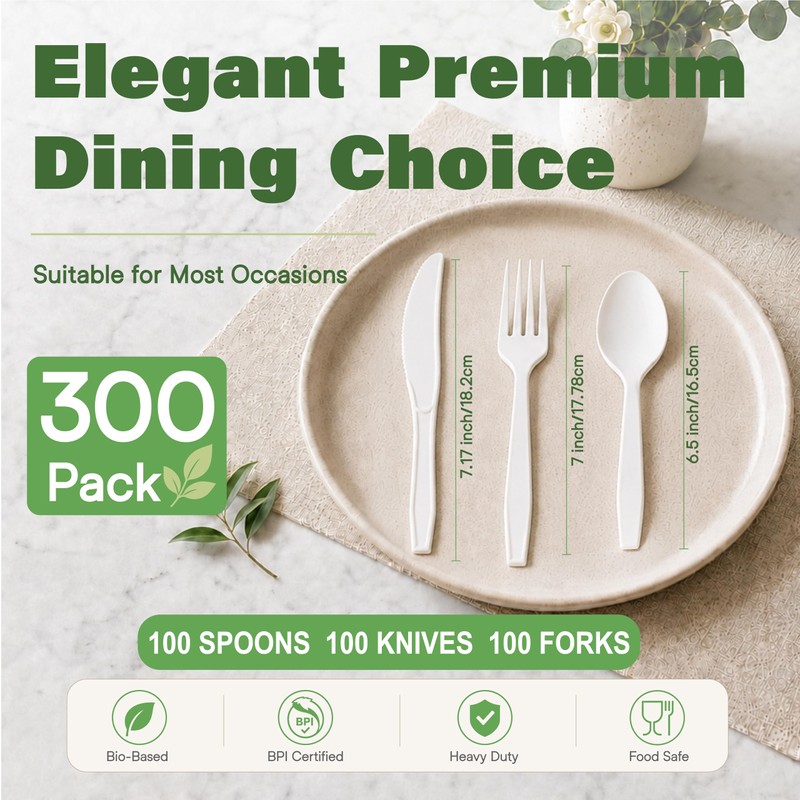 300 Pcs Disposable Cutlery Set, Heavy-Duty Compostable Utensils