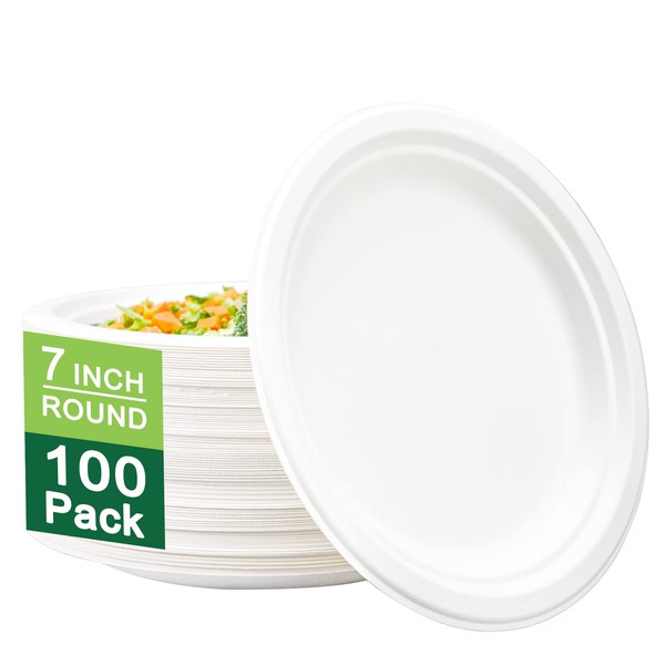 I00000 Heavy Duty 100% Compostable 7 Inch Paper Plates, 100 Pack Disposable Plates Bagasse Plates Biodegradable Eco-Friendly Natural White Sugarcane Paper Plates Microwaveable Plates for Party, Picnic