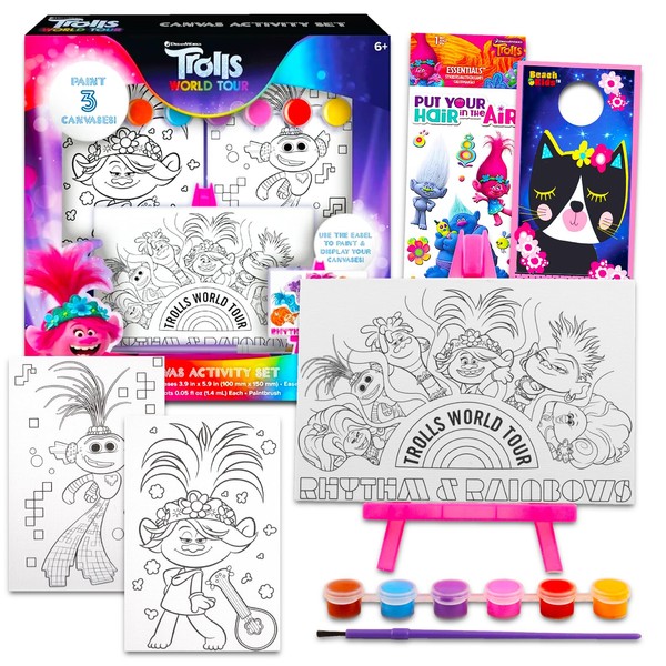 Trolls Art Set for Kids - Bundle with Trolls Art Supplies with Canvases, Easel, Paint Plus Trolls Stickers and More | Trolls Gifts for Girls.