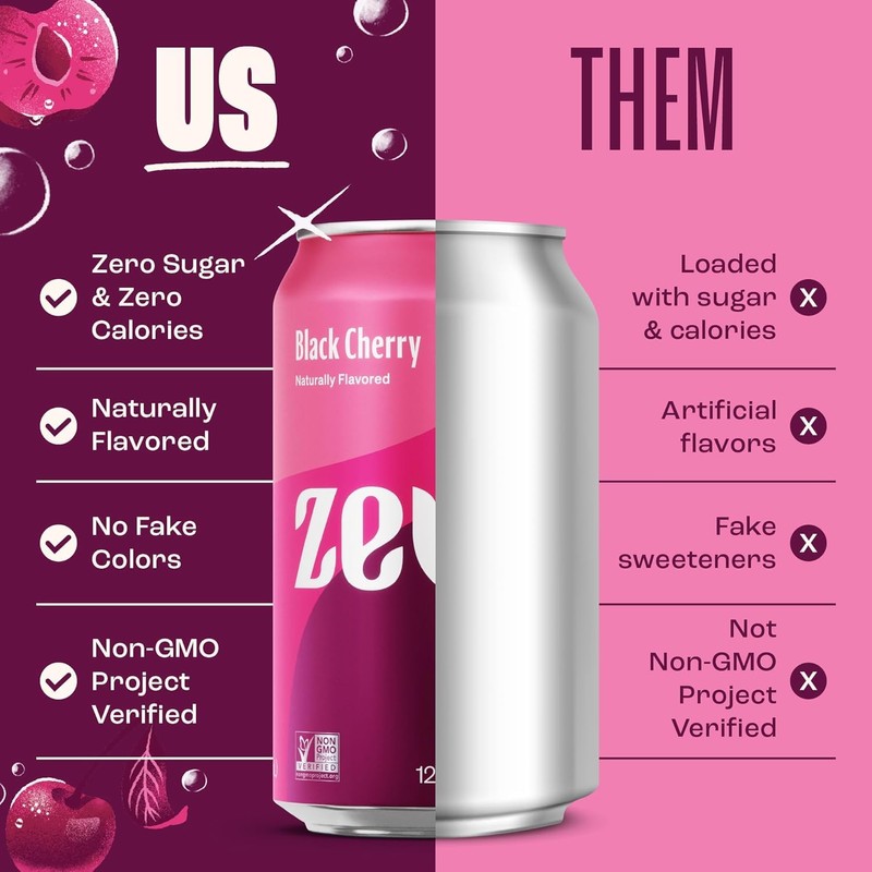 Zevia Zero Sugar Soda, Black Cherry, 12 oz Cans (8-Pack)