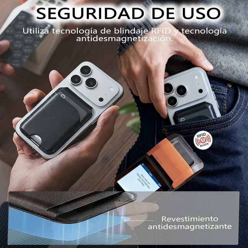 Cartera Magnética, Porta tarjetas magnético ajustable, Billetera magnética de piel