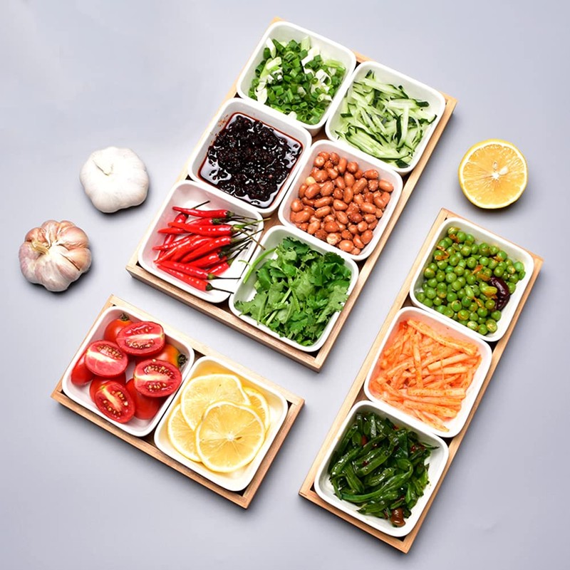 WENMAQIN Ceramic Snack Bowls with Bamboo Tray Set,Divided Serving Bowls