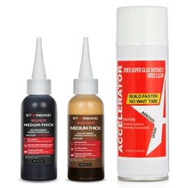 Premium Grade Cyanoacrylate (CA) Super Glue by STARBOND - Black (2oz) and Brown (2oz) Medium-Thick Viscosity"Knot Filler" and Aerosol Accelerator (6oz) Bundle for Woodworking, Woodturning, Carpentry