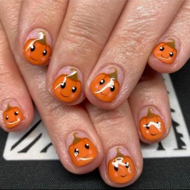 Thanksgiving Press on Nail Cute Fake Nails Short Square Press ones with Pumpkin designs Acrylic Stick on Nail Full Cover Nude Glitter False Nails Reusable Fall Glue on Nails for Women Girls Kids Decor