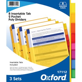 Oxford 8-Tab Multi-Color Binder Dividers with Pockets and Large Insertable Tabs, Made of Durable Translucent Plastic - 3 Sets of 8 Dividers (17112)
