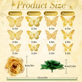 Solsew 296 Pcs Faux Roses with Stem and 3D Butterfly Decorations Artificial Flowers Bulk Stemless Fake Silk Roses for Wedding Party Baby Shower DIY Home Decor(Green, Gold)