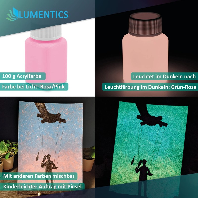 LUMENTICS Premium Glow Paint, Pink, 100 g, Glow in the