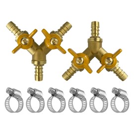 2Pcs 3 Way Shut Off Ball Valve, 3/8" Hose Barb 2 Switch Brass Y Shaped Ball Valve with Clamps for Water/Fuel/Air