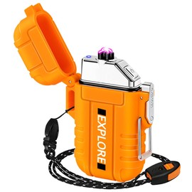 LcFun Electric Lighter - USB C Rechargeable, Windproof, Waterproof Flameless Dual Arc Plasma Lighters with Portable Lanyard for Adventure, Survival Tactical, Camping Gadgets for Men (Orange)