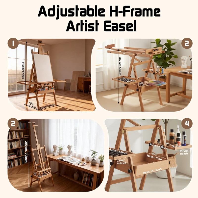 YOKUGO Beech Wood H-Frame Easel for Painting with Tray &