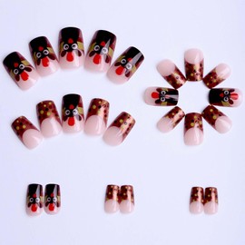 ONPRESS 24Pcs Thanksgiving Turkey Press on Nails Medium Square Fake Nails with Glitter Polka Dots Design Fall Brown French Tip Glue on Nail Autumn Full Cover Acrylic Nail for Women Manicure Decor