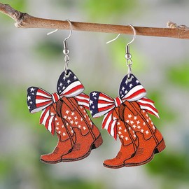 Bowknot USA Flag Wooden Earrings Star Blue Red 4th of July American Patriotic Earrings-4