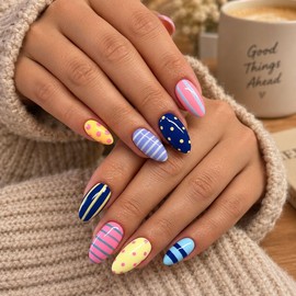 Colorful Press on Nails Almond Medium - Polka Dot Fake Nails with Curve Line Designs Rainbow Blue Nails Press ons Neon Acrylic Glue on Nails Reusable Stick on Nails for Women 24Pcs Manicure Kit