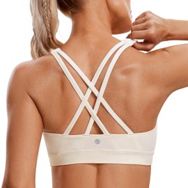 CRZ YOGA Women's Without Underwire Sports Bra Crossed Back Spaghetti Top Removable Pads Yoga Crop Top, White apricot