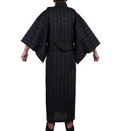 Yifulove Yukata, Men's, Men's, Yukata, Cotton Linen Yukata, Sleepwear, Pajamas, Striped, Summer, Autumn, Fireworks Festival, Black
