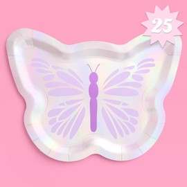 xo, Fetti Butterfly Foil Paper Plates - 25 pk, 9" | Purple Bachelorette Decorations, Pastel Birthday Supplies, Girl Baby Shower Decor, HBD, Garden Party Tableware