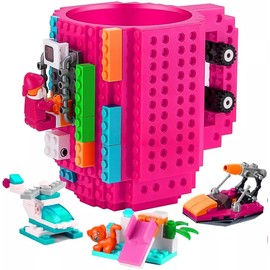 Fashion Electronics Taza con bloques de construcción de diferentes colores (incluye 1 personaje y 8 a 14 bloques de construcción) (Fuchsia)